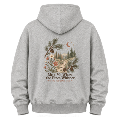 Meet Me Where the Pines Whisper Vintage Woodland Graphic Hoodie