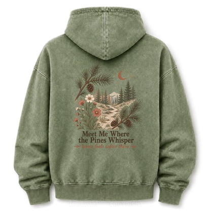 Meet Me Where the Pines Whisper Vintage Woodland Washed Graphic Hoodie
