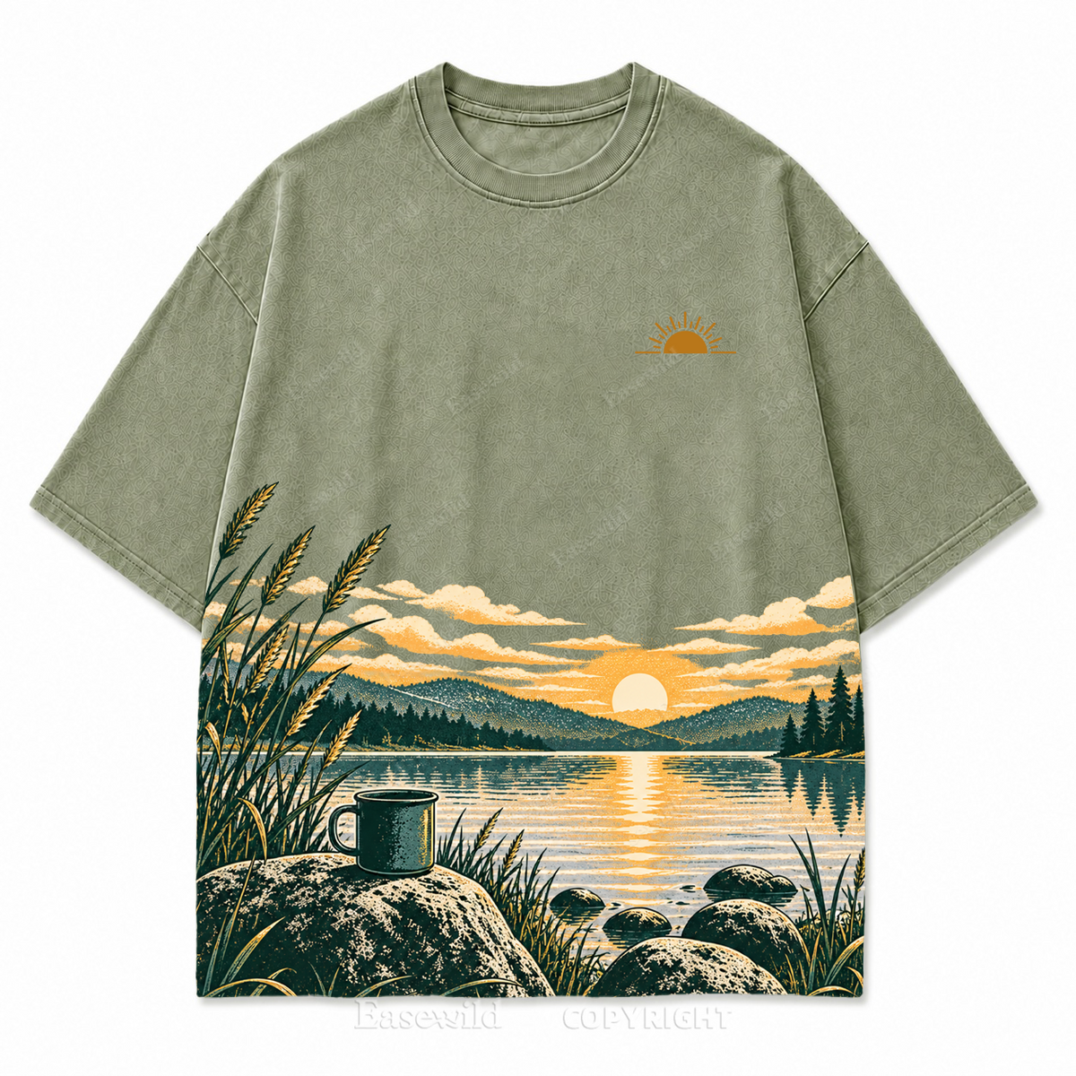 Vintage Lake Sunrise & Camping Mug Washed Graphic T-Shirt