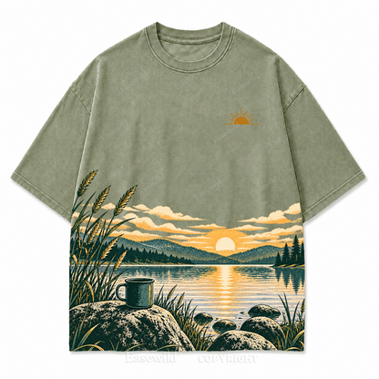 Vintage Lake Sunrise & Camping Mug Washed Graphic T-Shirt