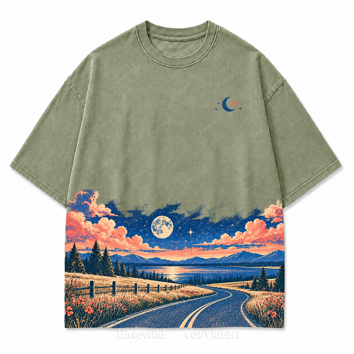 Vintage Moonlit Road & Lake Washed Graphic T-Shirt