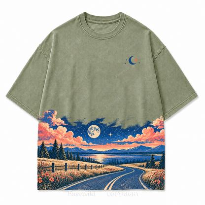 Vintage Moonlit Road & Lake Washed Graphic T-Shirt
