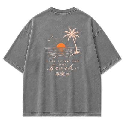 T-Shirt mit gewaschenem Aufdruck „Life Is Better at the Beach“