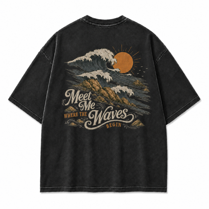Meet Me Where The Waves Begin Coastal Washed Graphic T-Shirt